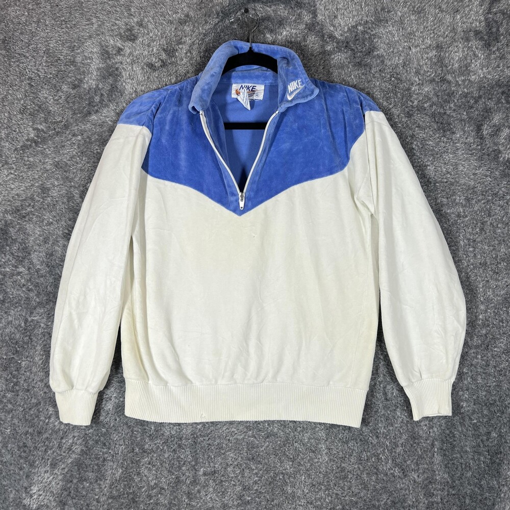 Vintage Nike Sweatshirt Unisex M White Velvet 1/4 Zip Pullover Embroidered 90s